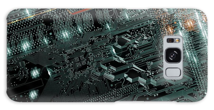 Microchip Galaxy Case featuring the photograph Computer Motherboard And Electrodes by Christian Lagerek/science Photo Library