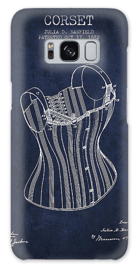 Corset Galaxy Case featuring the digital art Corset patent from 1882 - Navy Blue by Aged Pixel
