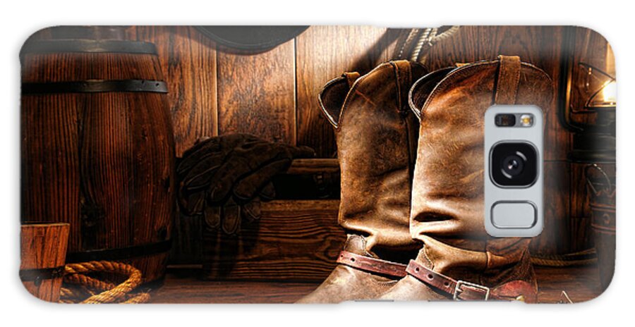Western Galaxy Case featuring the photograph Cowboy Boots in a Ranch Barn by Olivier Le Queinec