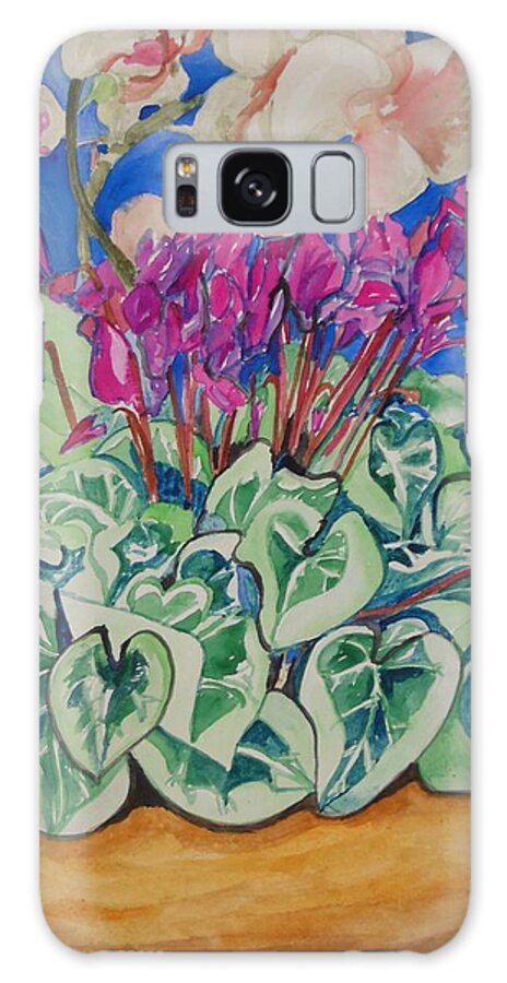 Cyclamen And Orchids In A Flower Pot Galaxy Case featuring the painting Cyclamen and Orchids in a Flower Pot by Esther Newman-Cohen
