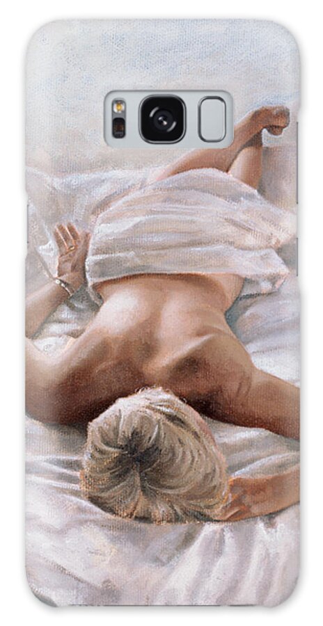 Female; Nude; Bed; Sleeping; Asleep; Sunlight; Sheets Galaxy Case featuring the painting Dappled and Drowsy by John Worthington