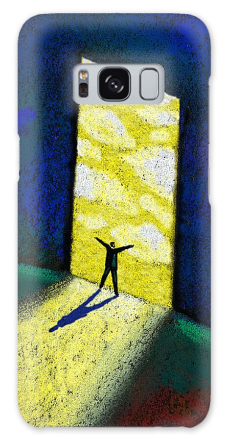 Accomplishment Achievement Adult Advancement Advantage Adventure Adventuresome Adventuring Aim Aiming Alone Ambition Anticipation Artwork Aspiration Aspire Attitude Back-lit Beginning Beginnings Bliss Bravo Business Businessman Celebrating Celebration Cheerful Cheering Cloud Cloud Cover Color Colour Confidence Conquering Control Dedication Delight Delighted Determination Development Discipline Discovery Distinctive Domination Door Doorway Drawing Dream Dreamer Dreaming Painting Art Coronavirus Galaxy S8 Case featuring the painting Discovery by Leon Zernitsky