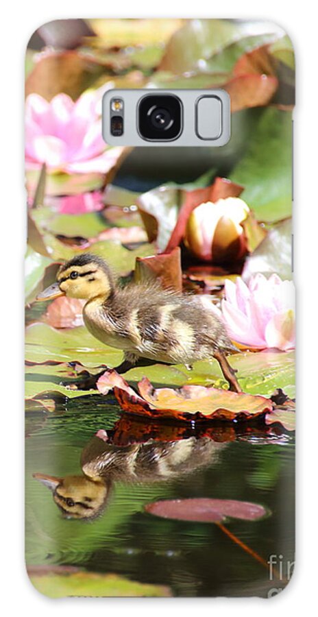 Ducklings Galaxy Case featuring the photograph Duckling running over the Water Lilies 2 by Amanda Mohler