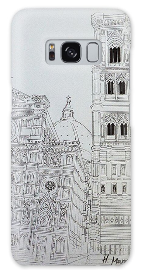 Churches Galaxy S8 Case featuring the drawing Duomo Florence in Black and White by Henrieta Maneva