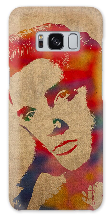 Elvis Presley Watercolor Portrait On Worn Distressed Canvas Galaxy Case featuring the mixed media Elvis Presley Watercolor Portrait on Worn Distressed Canvas by Design Turnpike