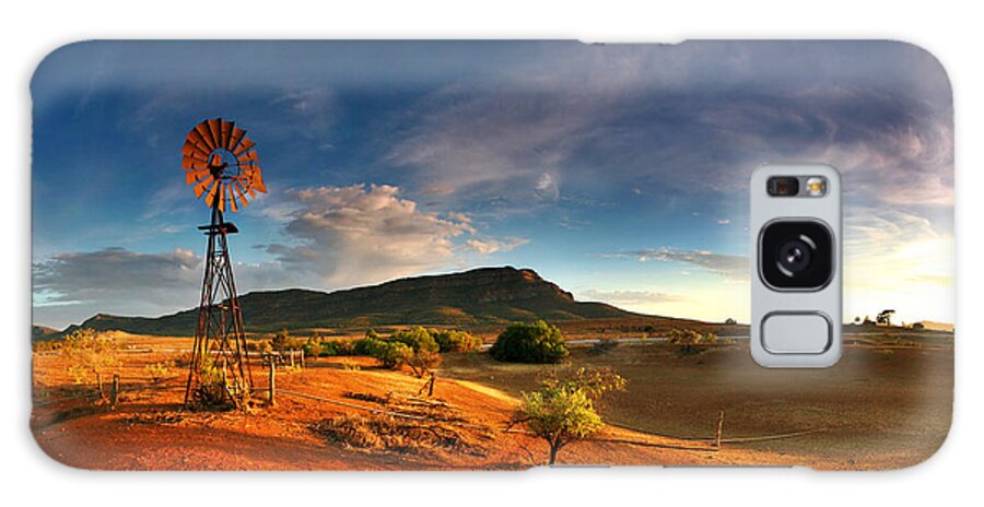 First Light Early Morning Windmill Dam Rawnsley Bluff Wilpena Pound Flinders Ranges South Australia Australian Landscape Landscapes Outback Red Earth Blue Sky Dry Arid Harsh Galaxy Case featuring the photograph First Light on Wilpena Pound by Bill Robinson