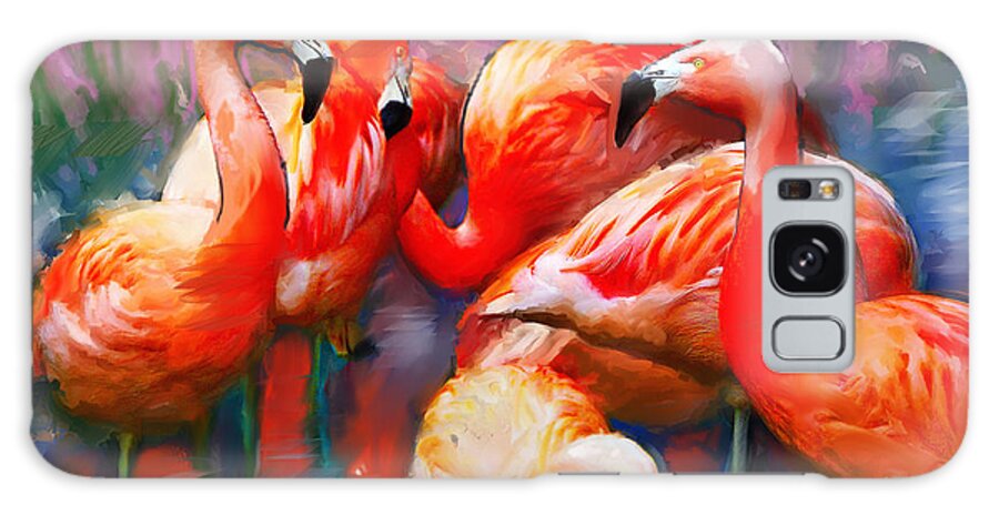 Flamingo Art Paintings Galaxy Case featuring the painting Flaming Flamingos by Ted Azriel