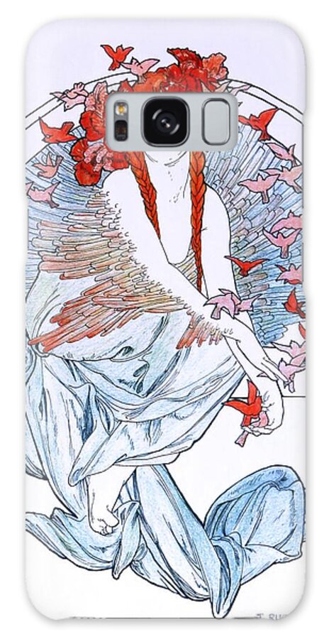 Goddess Mystical Birds Cardinals Redhead Female Mucha Galaxy Case featuring the painting Oh To Fly  after Mucha by Tony Ruggiero