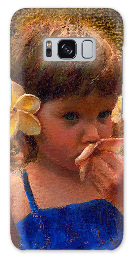 Plumeria Galaxy Case featuring the painting Flower Girl - Tropical Portrait with Plumeria Flowers by K Whitworth