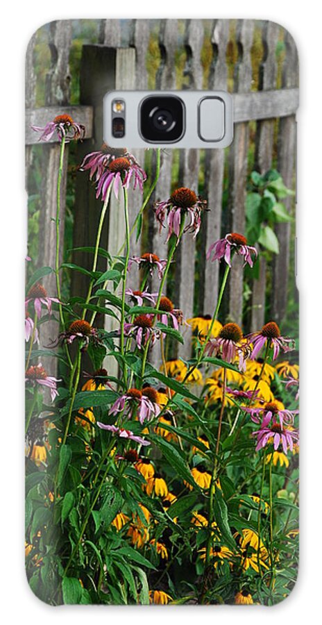 Still; Still Life; Baraboo; Fence; Country Charm; Flowers;wooden Fence; Country; Rustic; Purple Coneflowers; Black-eyed Susans; Brown-eyed Susans; Brown-eyed Susan; Black-eyed Susan; Galaxy Case featuring the photograph FLOWERS and RUSTIC FENCE by Janice Adomeit
