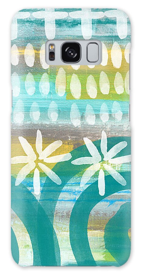 Blue And Yellow Painting Abstract Painting Blue And White Beach Flowers Crosses Yellow And Blue Flowers Ocean Waves Surf Boho Bedroom Art Living Room Art Gallery Wall Art Art For Interior Designers Hospitality Art Set Design Wedding Gift Art By Linda Woods Etsy Art Hgtv Galaxy Case featuring the painting Flowers and Waves- abstract pattern painting by Linda Woods