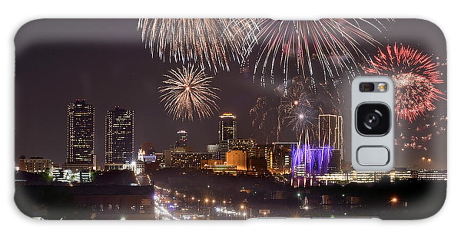  Galaxy Case featuring the photograph Fort Worth Skyline At Night Fireworks Color Evening Ft. Worth Texas by Jon Holiday