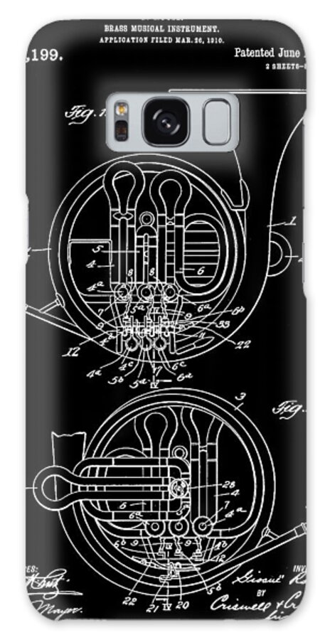 French Horn Galaxy Case featuring the digital art French Horn Patent 1910 - Black by Stephen Younts