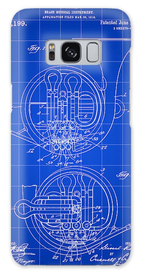 French Hoen Galaxy Case featuring the digital art French Horn Patent 1910 - Blue by Stephen Younts