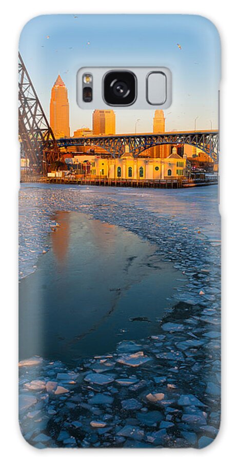 Cleveland Galaxy Case featuring the photograph Frozen Cleveland Flats Skyline at Sunset by Clint Buhler