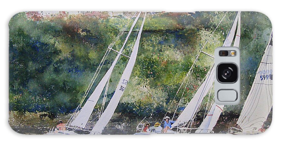 Three Sail Boats Compete In A Charity Regatta On Grand Lake Near Grove Galaxy S8 Case featuring the painting Grand Lake Regatta by Monte Toon