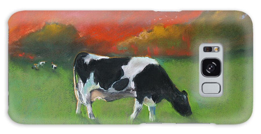 Cow Grazing In A Field With A Red Sky Galaxy Case featuring the pastel Grazing Cow by Robin Pedrero