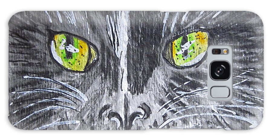 Green Eyes Galaxy Case featuring the painting Green Eyes Black Cat by Kathy Marrs Chandler