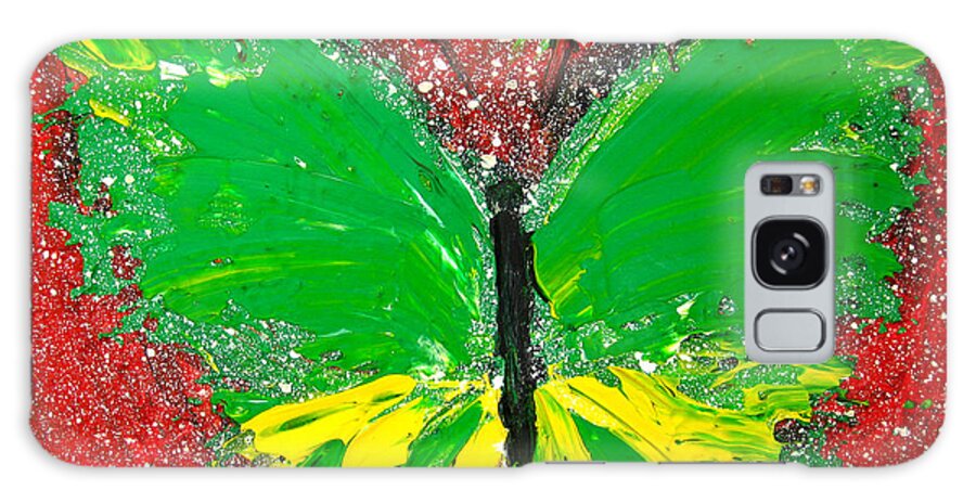 Butterfly Galaxy Case featuring the painting Green Yellow Butterfly with red background by Patricia Awapara