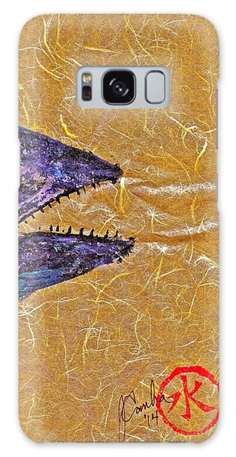 Spanish Mackerel Galaxy Case featuring the mixed media Gyotaku- Spanish Mackerel- Bright Yellow Unryu Paper by Jeffrey Canha