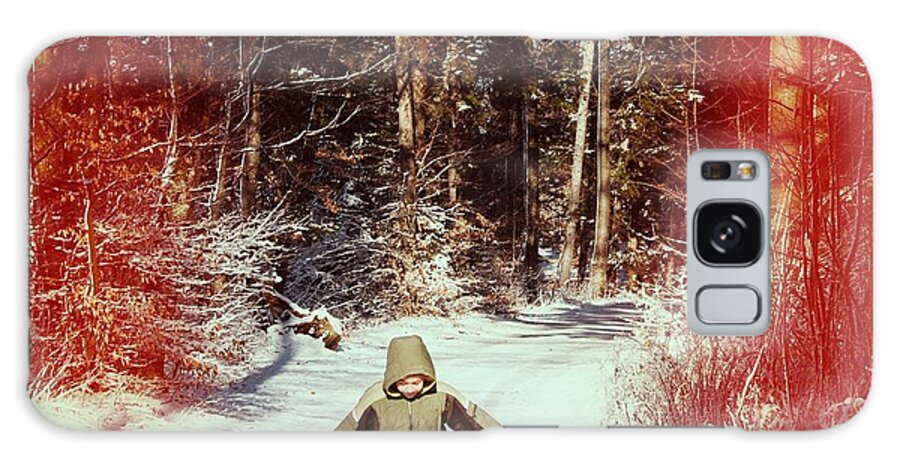 Boy Galaxy Case featuring the photograph Happy young boy running in the winterly forest by Matthias Hauser