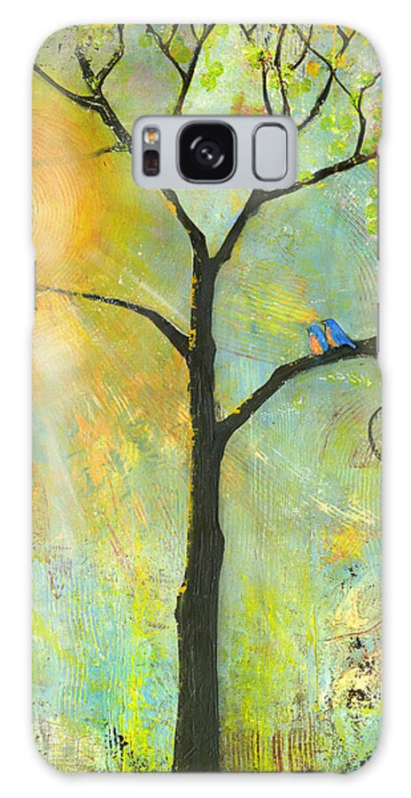 Treetree Of Lifesunrisesunsetsunshinesunny Bluebirdslove Birdsnature Blue Green Bohobranches Birds Paircouple Sun Artwork Style Stylish Wall Decor Bright Cheerful Green Mint Lifestyle Gallerylovebirdsblue Birdscolorfulhappylovebirdlovebird Artfarmhousehello Sunshineuniquesunlighttrendyinspirationalsummerspringnaturetrunkdayblenda Tyvoll Galaxy Case featuring the painting Hello Sunshine Tree Birds Sun by Blenda Studio