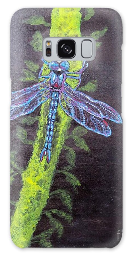 Nature Illuminated By Moonlight Blue Dragonfly Just Before Nightfall Chartreuse Yellow Color Halfway Between Green And Yellow Tertiary Color Bamboo Tree Limb Looks electrified Complementary Colors Blue Green Yellow Green Galaxy Case featuring the painting Illumination of a Blue Dragonfly's Form at Nightfall Painting by Kimberlee Baxter
