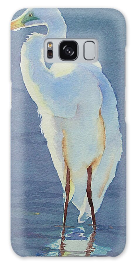 White Heron On Blue Background Galaxy Case featuring the painting Into the Light by Judy Mercer