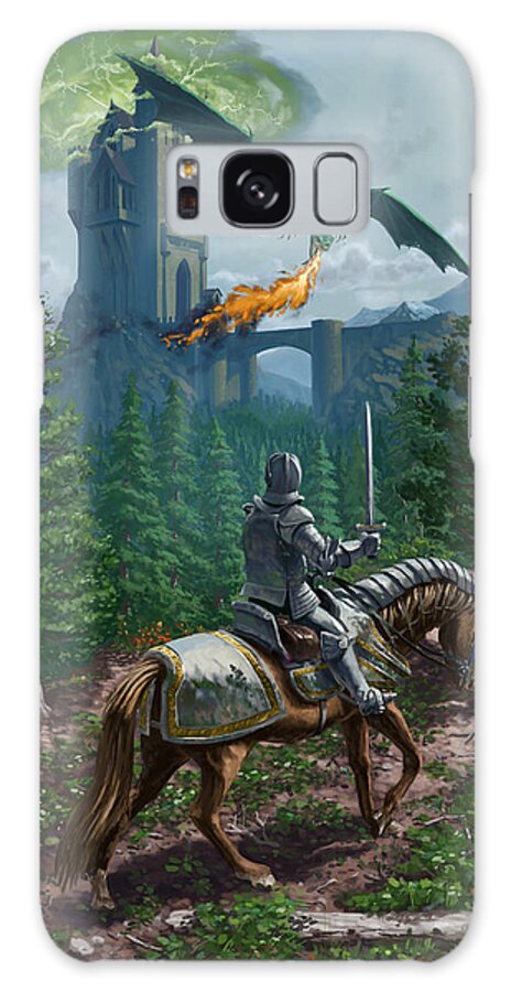 Horse Galaxy Case featuring the digital art Knight on horseback approaching dragon guarded castle by Martin Davey