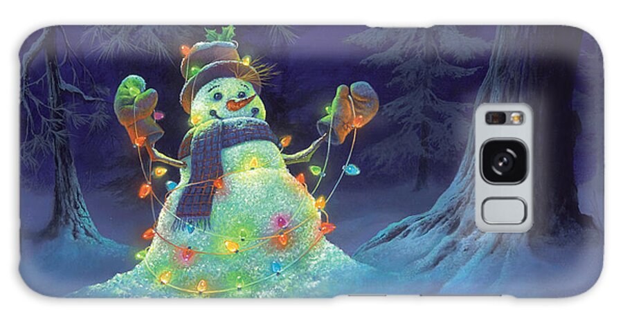 Michael Humphries Snowman Christmas Christmas Lights Winter Night Pillows Christmas Decor Notebooks Shower Curtain Blankets Galaxy Case featuring the painting Let it Glow by Michael Humphries
