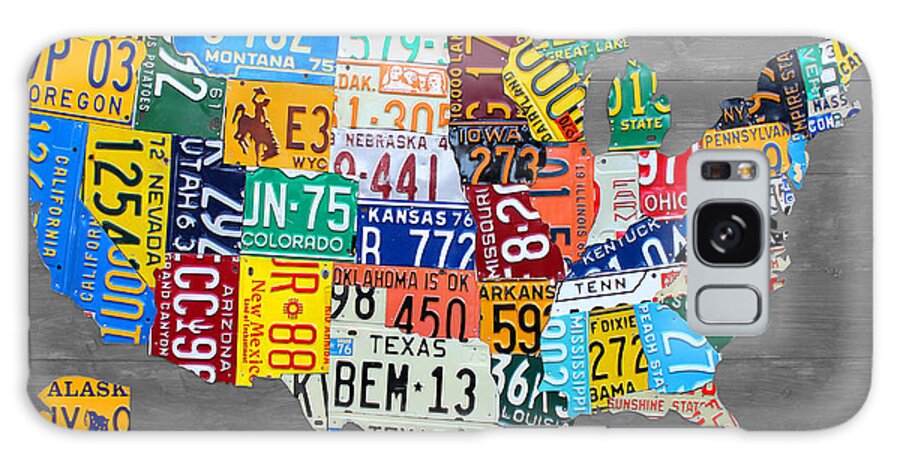 License Plate Map Galaxy Case featuring the mixed media License Plate Map of The United States on Gray Wood Boards by Design Turnpike