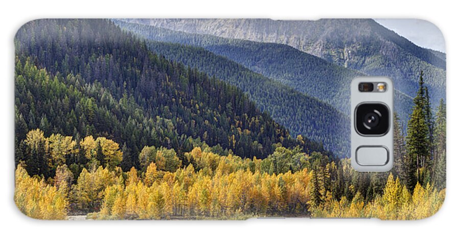 Autumn; Fall; Middle Fork Flathead River; Montana; Mountains; Nature; October; Outdoors; Reflection; River; Water; Yellow; Color; Flathead River; Landscape; Photo; Beautiful; Mark Kiver; Yellow; Sky. Forest; Trees; Aspen; Snow; Clouds Galaxy Case featuring the photograph Middle Fork Brillance by Mark Kiver