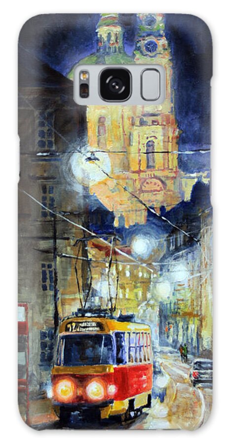Acrylic On Canvas Galaxy Case featuring the painting Midnight Tram Prague Karmelitska str by Yuriy Shevchuk