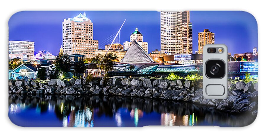 America Galaxy Case featuring the photograph Milwaukee Skyline at Night Photo in Blue by Paul Velgos