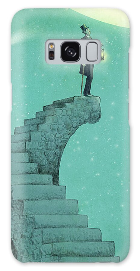 Moon Vintage Victorian Blue Green Stars Comet Top Hat Steps Staircase Astronomy Surreal Whimsical Dream Galaxy Case featuring the drawing Moon Steps by Eric Fan