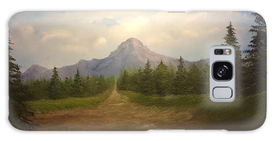 Landscape. Oil Painting. Mountains Sky. Clouds. Evergreens. Galaxy Case featuring the painting Mountain run road by Justin Wozniak
