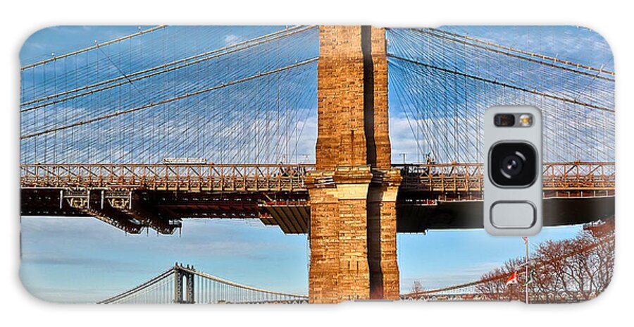 Amazing Brooklyn Bridge Photos Galaxy Case featuring the photograph New York Bridges Lit by Golden Sunset by Mitchell R Grosky