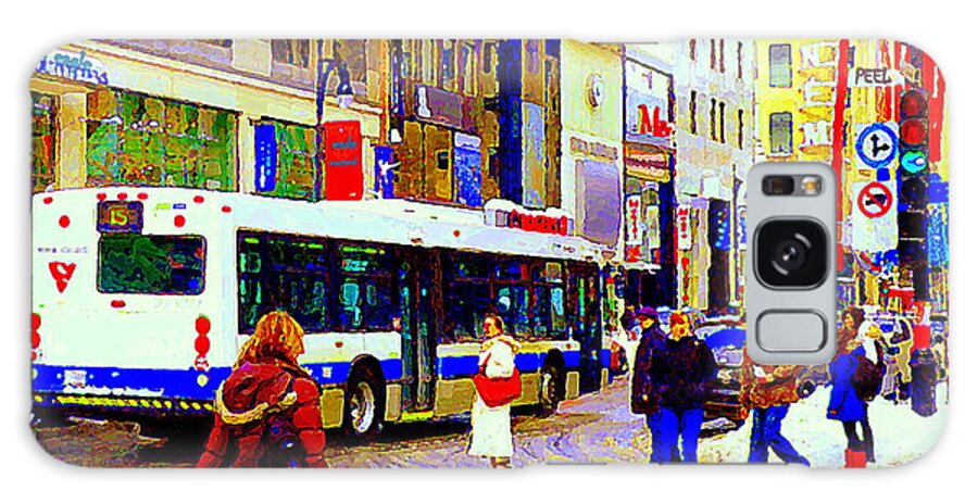 Montreal Galaxy Case featuring the painting Number 15 Bus Peel And St Catherine Slushy Day Downtown Shoppers Moores American Eagle Winter Scene by Carole Spandau