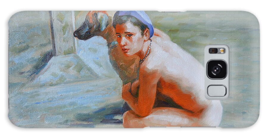 Original. Oil Painting Galaxy Case featuring the painting Original Impression Oil Painting Gay Man Body Art- Male Nude And Dog-020 by Hongtao Huang