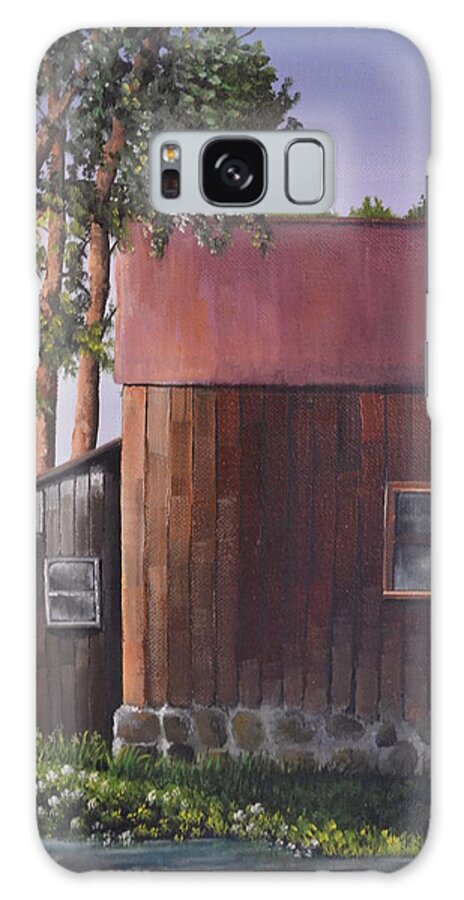 An Old Wooden Brown Barn With A Tin Roof During The Summer Time Near A Pond With Trees. Galaxy Case featuring the painting Otis Pond by Martin Schmidt