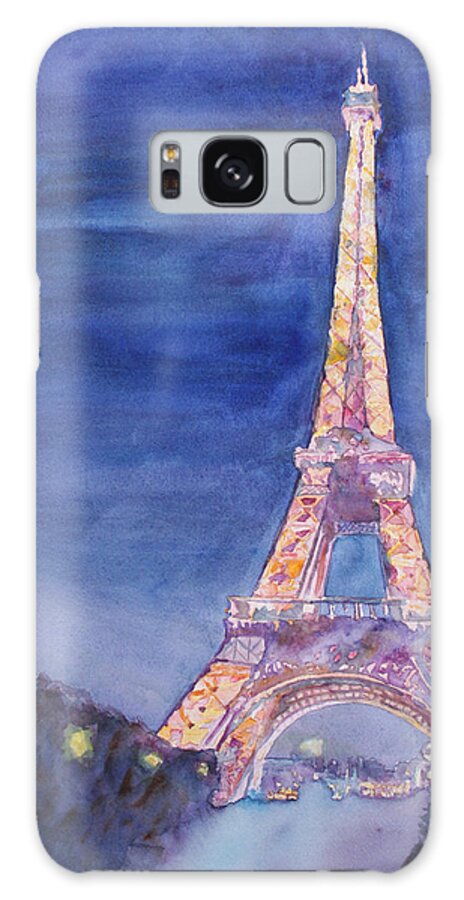 Paris Giant Watercolor Eiffel Tower Night Lighted Blue Gold Yellow Drama Dramatic Time Evening Wet Rain Rainy Dark France Galaxy Case featuring the painting Paris Giant by Jenny Armitage