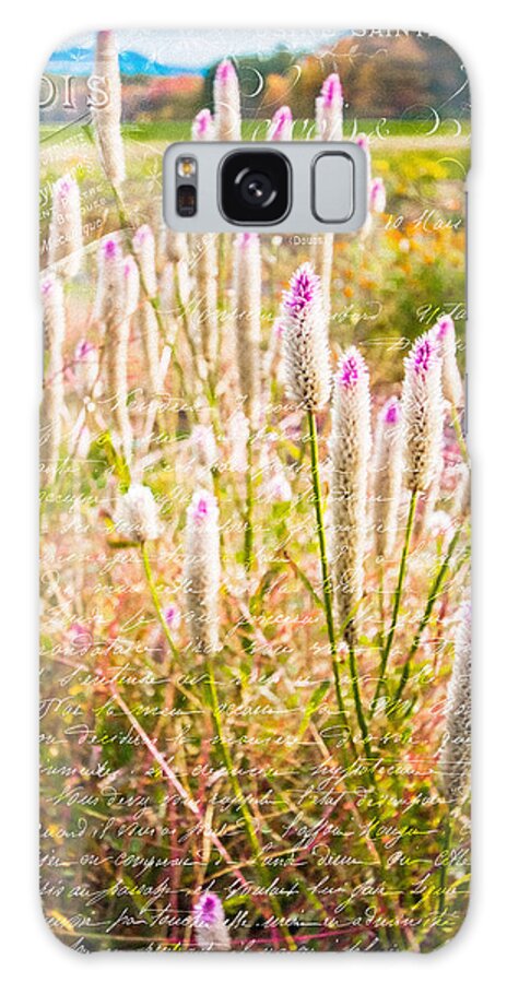 Karen Stephenson Photography Galaxy Case featuring the photograph Pink Spiky Flowers with French Handwriting by Karen Stephenson