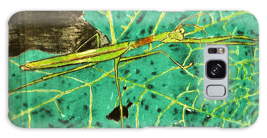 Monoprint Galaxy Case featuring the mixed media Praying Mantis on a Pumpkin Leaf Monoprint by Verana Stark