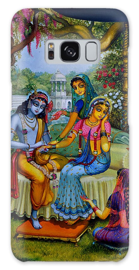 Krishna Galaxy Case featuring the painting Radha Krishna man lila on Radha kunda by Vrindavan Das