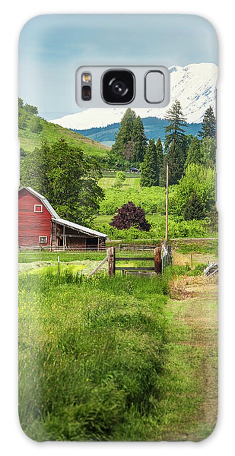 Scenics Galaxy Case featuring the photograph Red Barn Green Farmland White Mountain by Fotovoyager