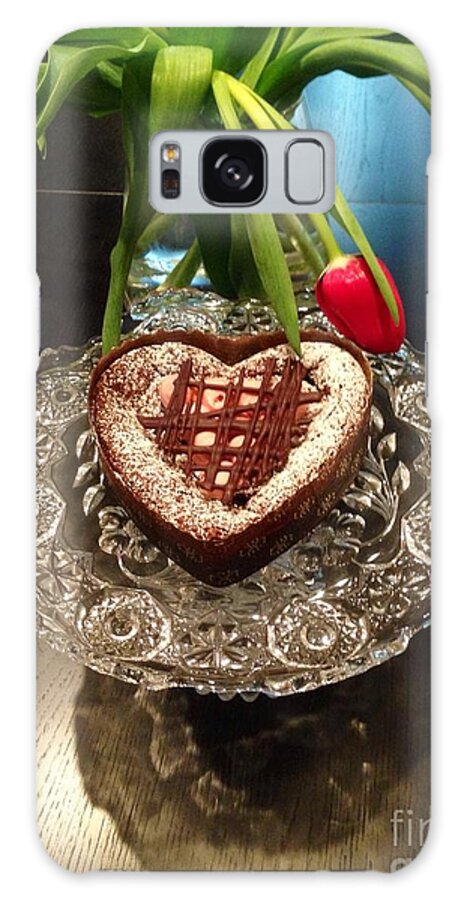  Red Tulip And Chocolate Heart Galaxy Case featuring the photograph Red Tulip And Chocolate Heart Dessert by Susan Garren