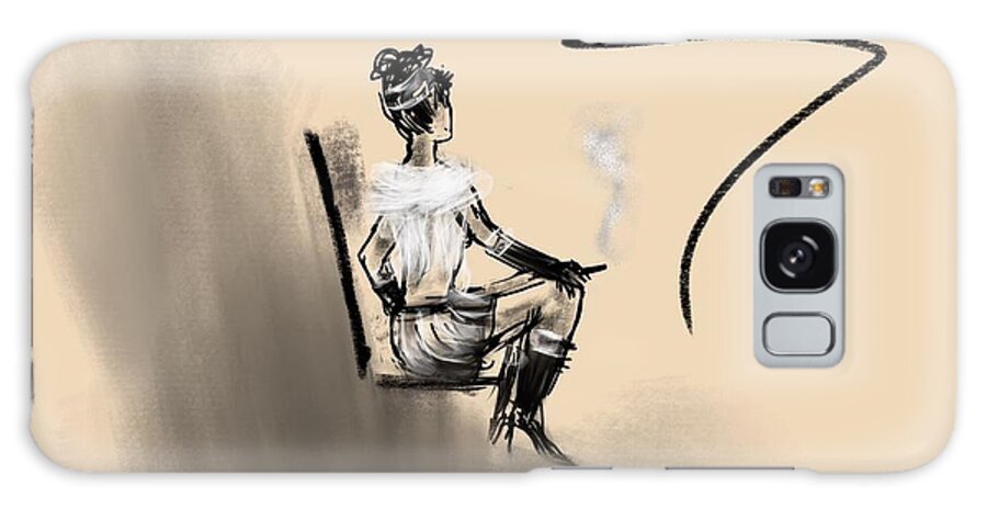 Refined Woman Sitting Pretty Smoking Chair Smoke Cigarette Back Lady Girl Figure Profile White Elegant Sketch Print Drawing Art Galaxy Case featuring the drawing Refined woman by Miroslaw Chelchowski