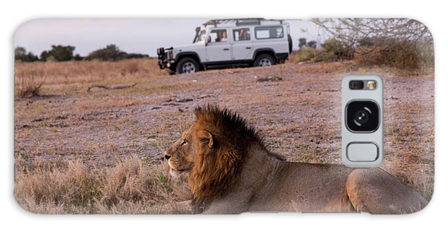Lion - Feline Galaxy Case featuring the photograph Safari Truck And Lion, Moremi Game by WorldFoto