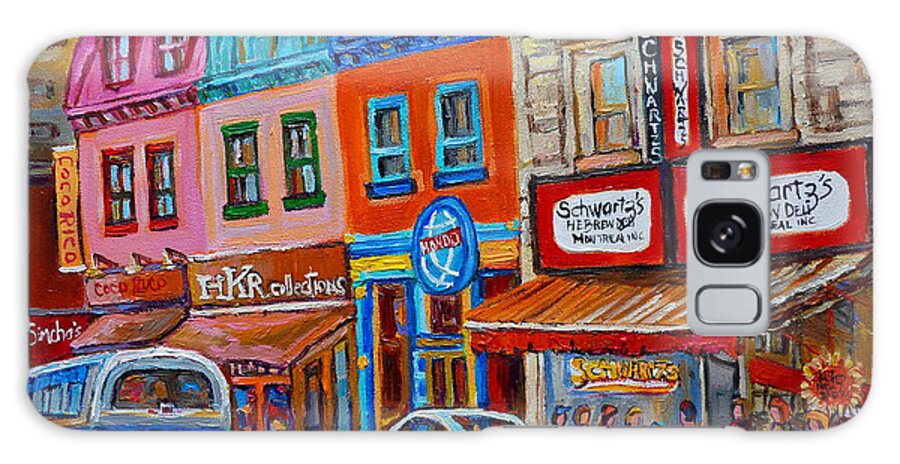 Montreal Galaxy Case featuring the painting Schwartzs Deli Restaurant Montreal Smoked Meat Plateau Mont Royal Streetscene Carole Spandau by Carole Spandau