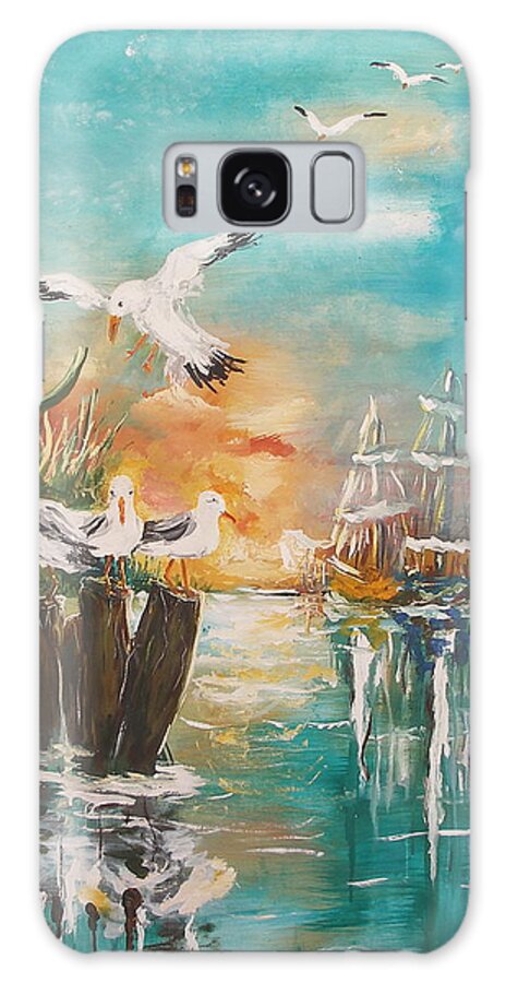 Seagull At Rest Bird Ocean Water Wave Evening Ship Marine Clouds Sky Seaweed Reflection Abstract Painting Print Blue Wood Boat Sail Galaxy Case featuring the painting Seagull At Rest by Miroslaw Chelchowski